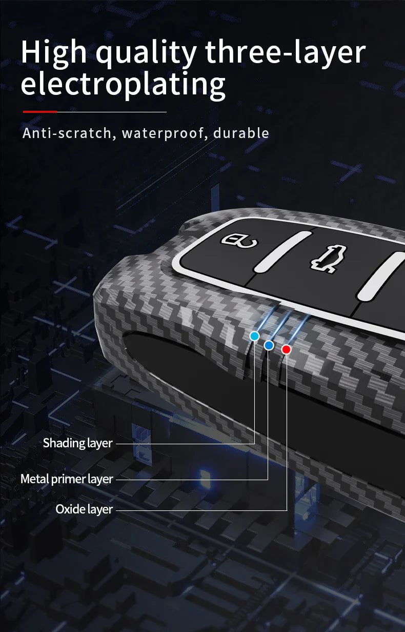 Volkswagen Tiguan and Virtus Premium Metal Carbon Fiber Black Soft Silicon Luxury Car Key Cover Key Case With Key Chain ( 3 Button ) Flipkey