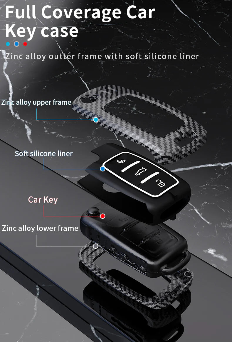 Volkswagen Tiguan and Virtus Premium Metal Carbon Fiber Black Soft Silicon Luxury Car Key Cover Key Case With Key Chain ( 3 Button ) Flipkey