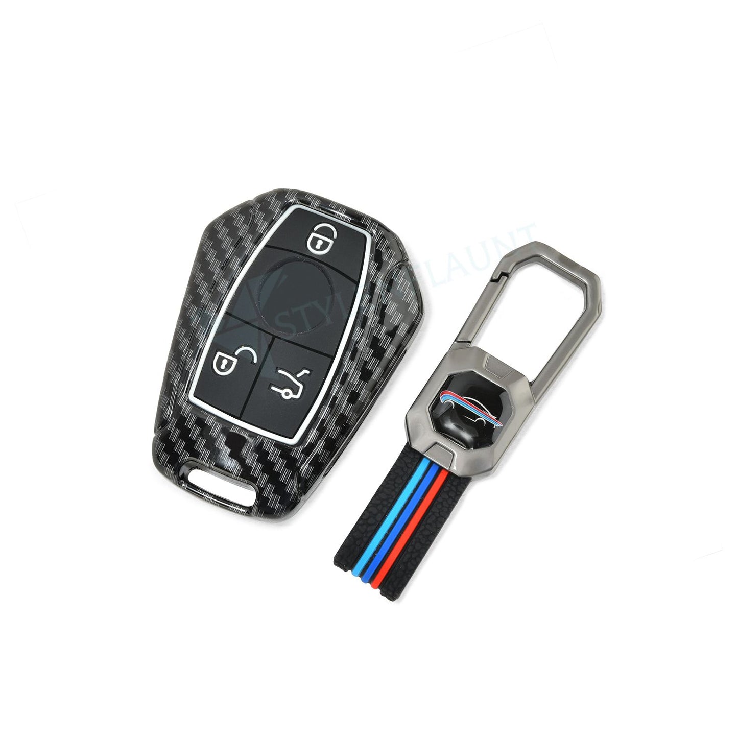 Mercedes CLA 200 Luxury Premium Metal Carbon Fiber Black Soft Silicon Metal Smart Car Key Cover Key Case With Key Chain( 3 buttons )