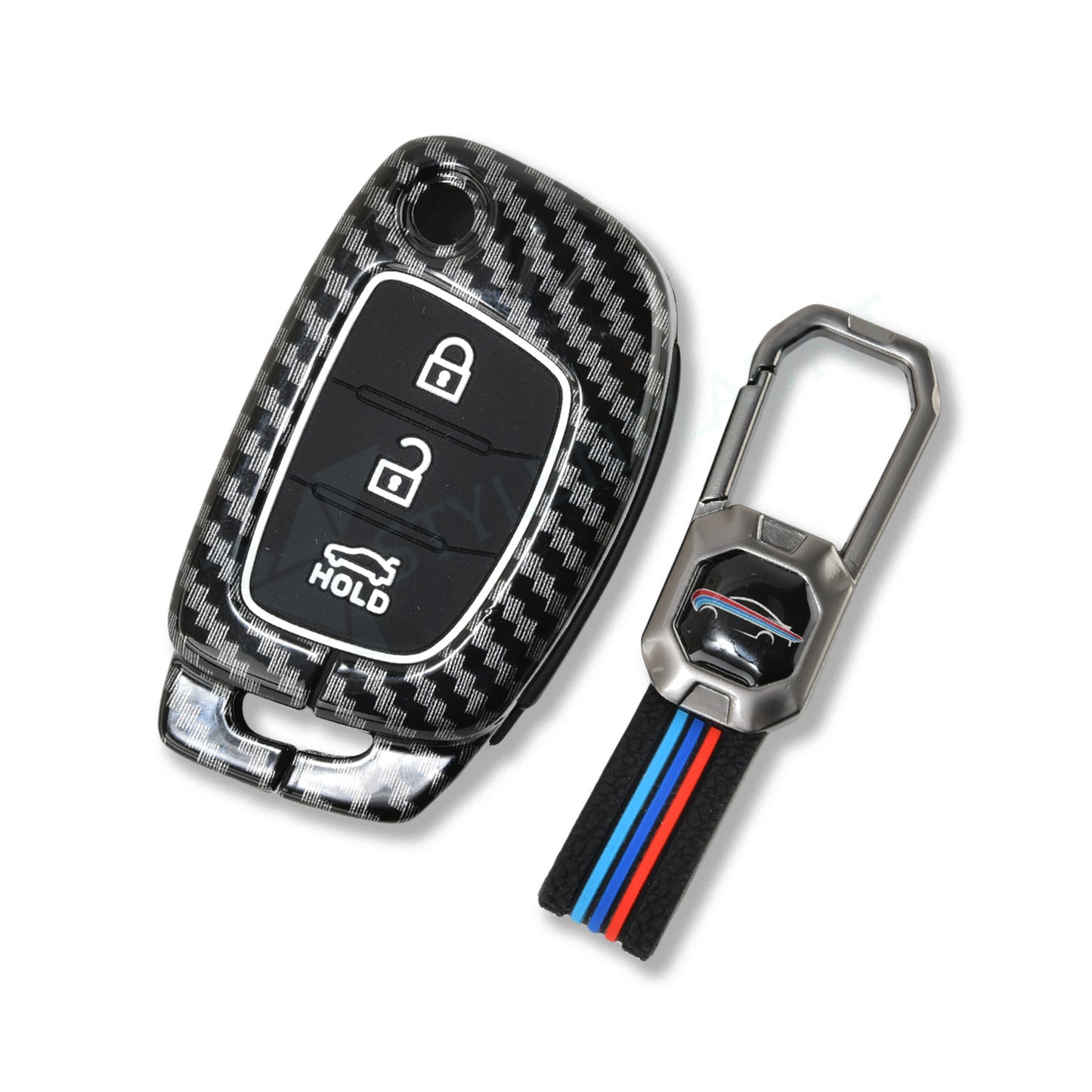 HYUNDAI Exter | Aura | I10 Nios | I20 | Venue | Creta FLIPKEY Luxury Premium Carbon Fiber Black Soft Silicon Car Key Cover Key Case With Key Chain ( 3 buttons ) Flipkey