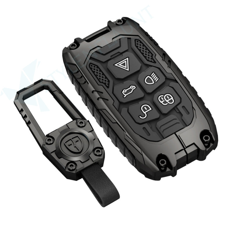 Land Rover Velar, Defender, Discovery Sport Luxury Premium Transformer Series Metal Black Silicone Smart Car Key Cover Case with Key Chain | 5-Button