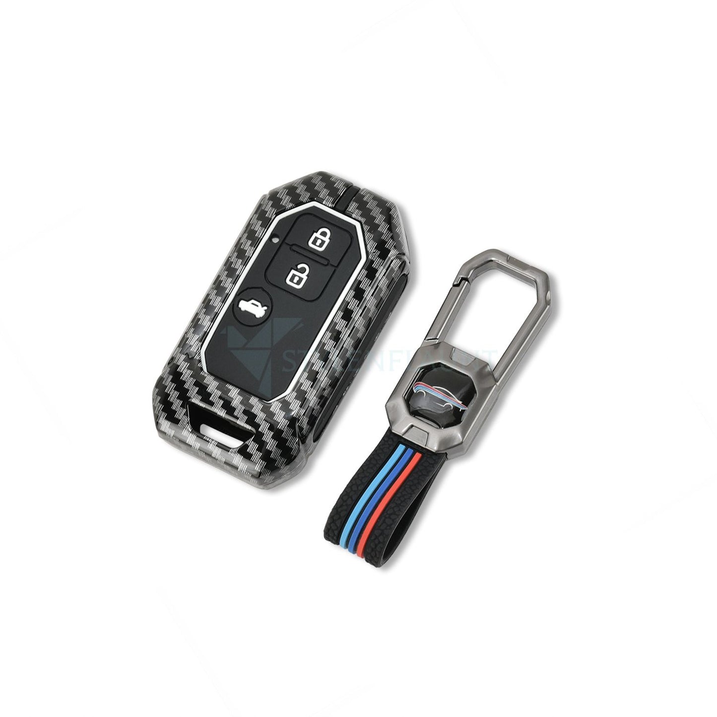 Suzuki Swift Dzire | Ertiga Luxury Premium Metal Carbon Fiber Smart Car Key Cover Key Case With Key Chain ( 3 Button )