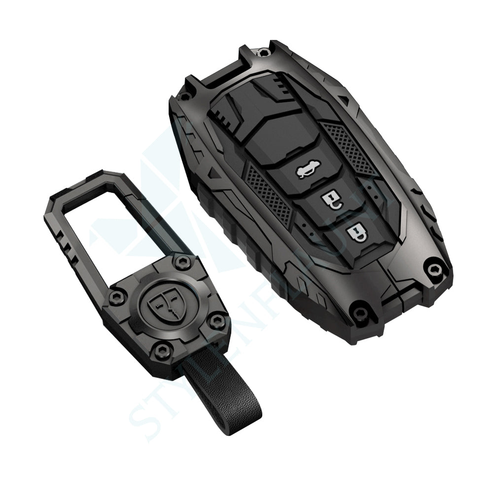 Toyota Fortuner | Hycross Innova Luxury Premium Transformer Series Metal Black Soft Sillcon Smart Car Case Key Case With Key Chain ( 3 Button )
