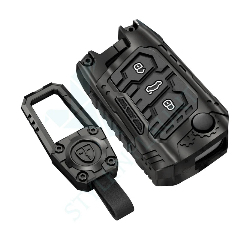 Volkswagen Tiguan and Virtus Premium Transformer Series Metal Black Soft Sillcon Smart Car Key Cover Key Case With Key Chain ( 3 Button ) Flipkey