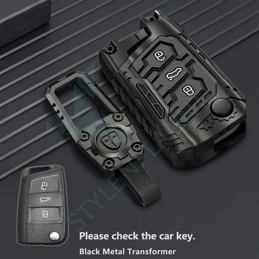 Volkswagen Tiguan and Virtus Premium Transformer Series Metal Black Soft Sillcon Smart Car Key Cover Key Case With Key Chain ( 3 Button ) Flipkey