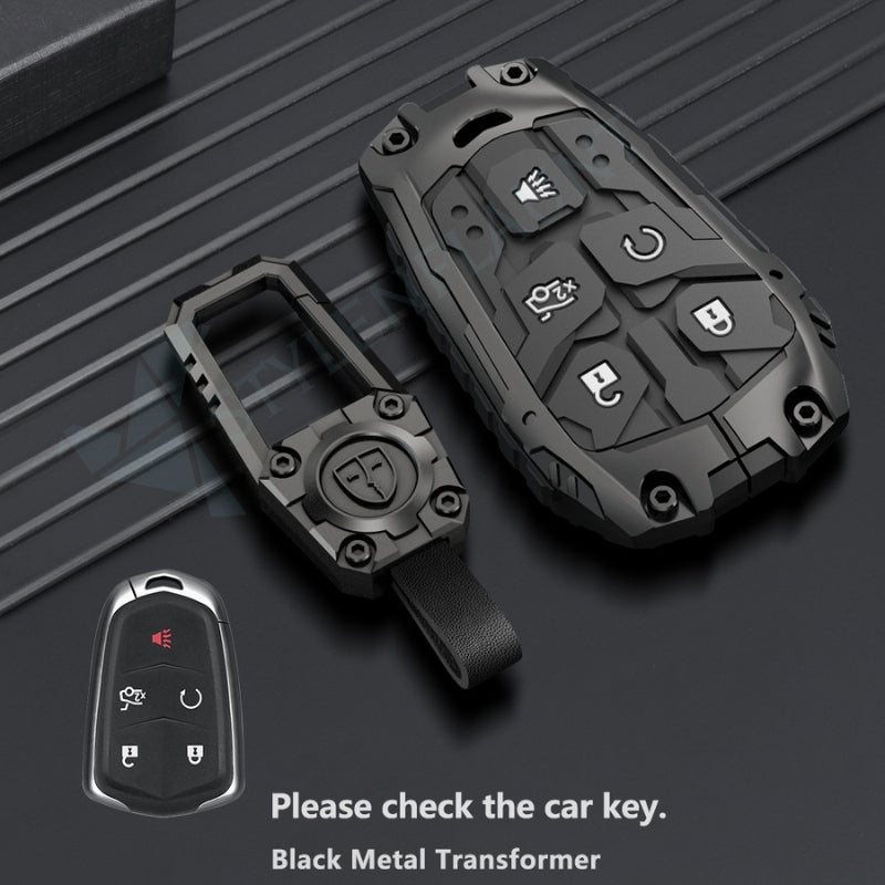 Cadillac 2015-2019 Escalade | CTS | SRX | XT4 | XT5 | XT6 | XTS | ATS Luxury Premium Transformer Series Metal Black Soft Sillcon Smart Car Key Cover Key Case With Key Chain (5 buttons)
