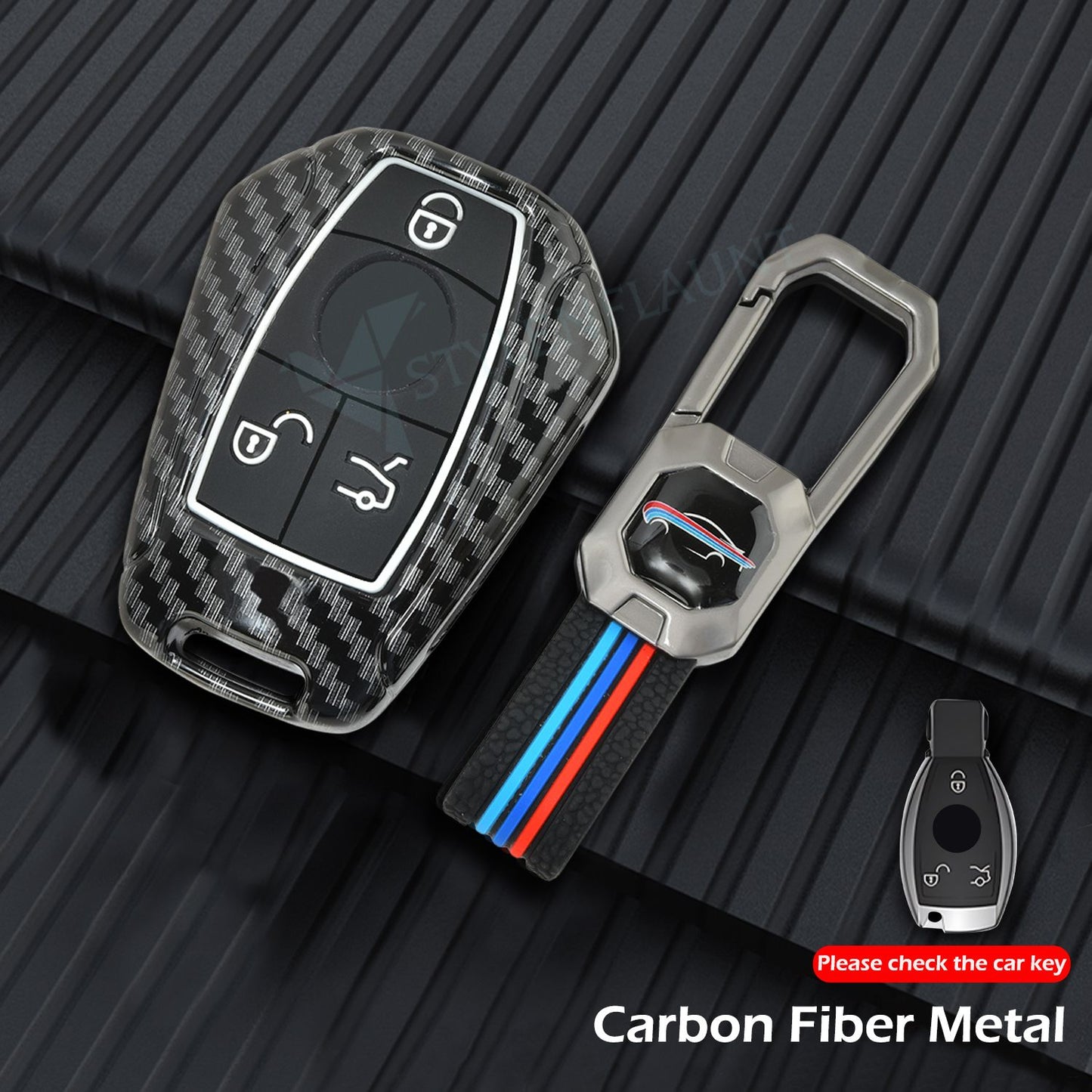 Mercedes CLA 200 Luxury Premium Metal Carbon Fiber Black Soft Silicon Metal Smart Car Key Cover Key Case With Key Chain( 3 buttons )