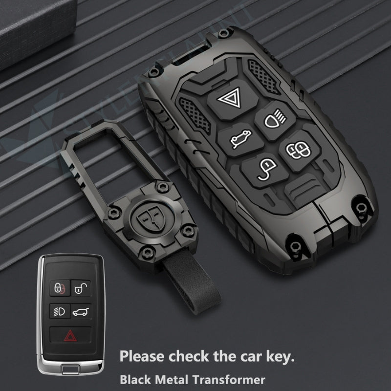 Land Rover Velar, Defender, Discovery Sport Luxury Premium Transformer Series Metal Black Silicone Smart Car Key Cover Case with Key Chain | 5-Button