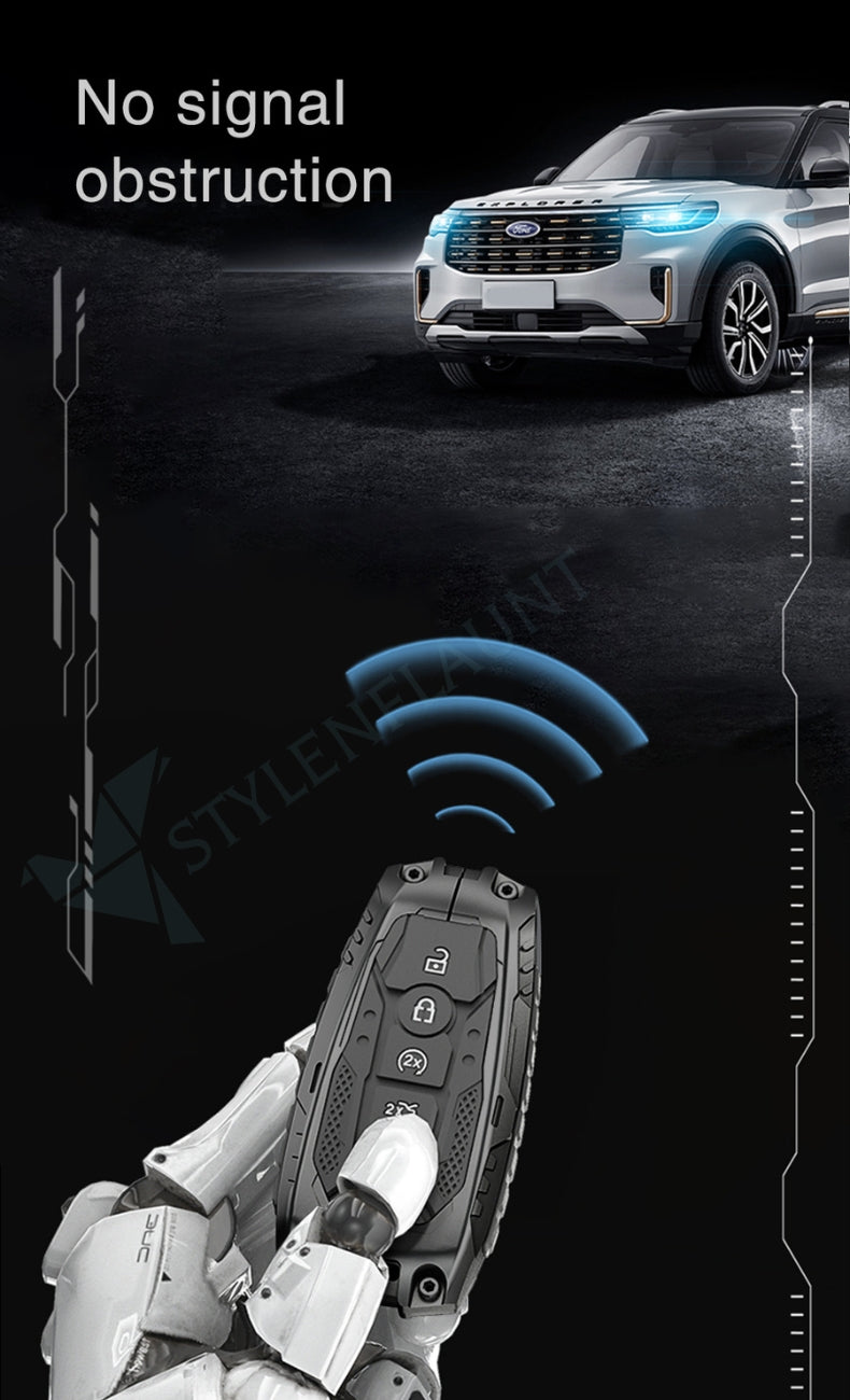 Ford Explorer | Escape | Edge | Bronco 2025 | F150 | Mustang Luxury Premium Transformer Series Metal Black Soft Sillcon Smart Car Key Cover Key Case With Key Chain (4 buttons)