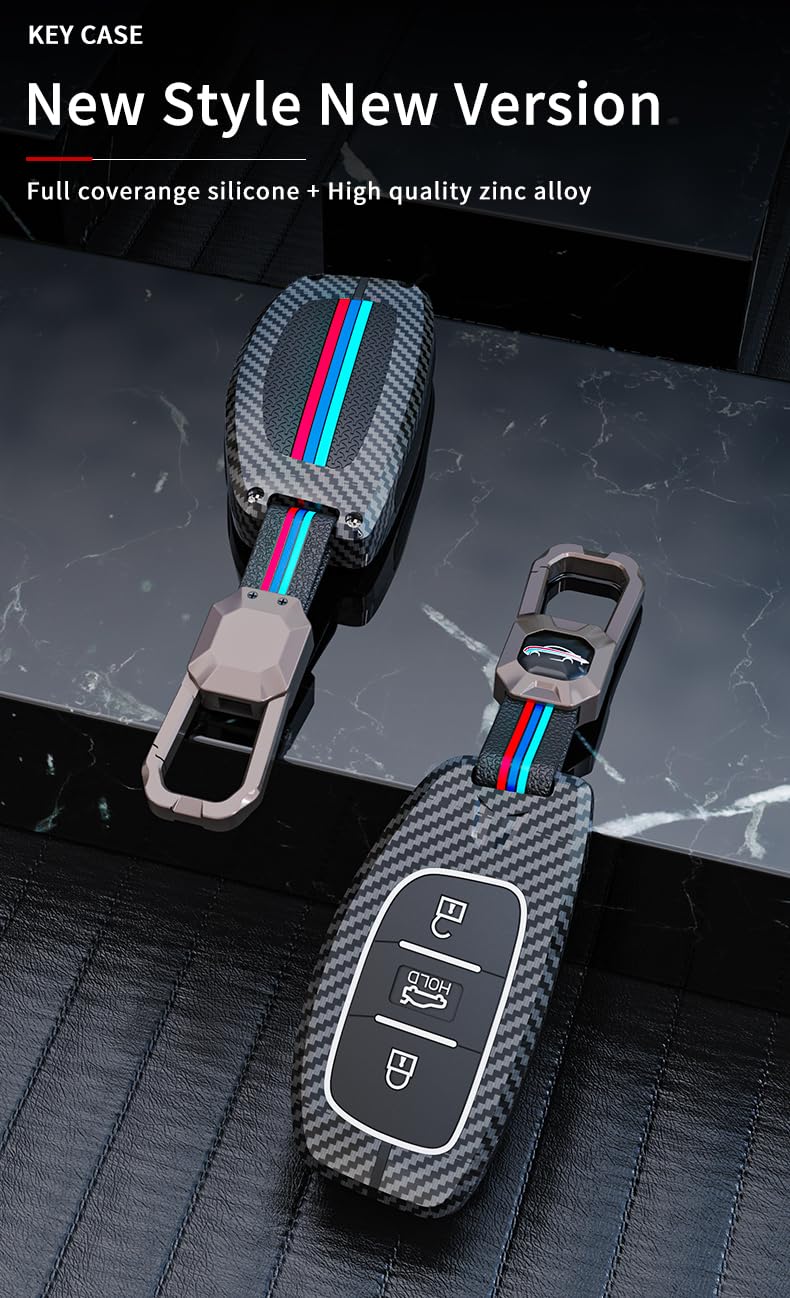 Hyundai Creta 2020-2023 | Venue,Al Cazar Luxury Premium Carbon Fiber Black Soft Silicon Car Key Cover Key Case With Key Chain 4 buttons