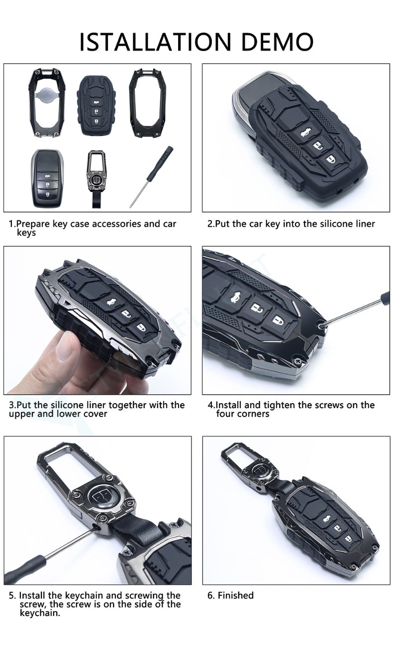 Ford Explorer | Escape | Edge | Bronco 2025 | F150 | Mustang Luxury Premium Transformer Series Metal Black Soft Sillcon Smart Car Key Cover Key Case With Key Chain (4 buttons)