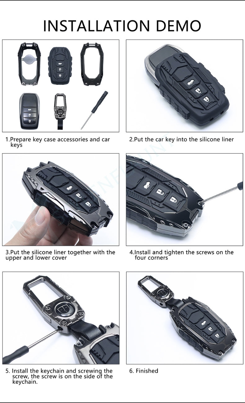 Toyota Land Crushier 2024|Tundra SR5 2025|Grand Highlander 2025|Tacoma 2025|Corolla 2025|Camry 2025 Luxury Premium Transformer Series Metal Black Soft Sillcon Smart Car Key Cover Key Case With Key Chain (4 buttons)