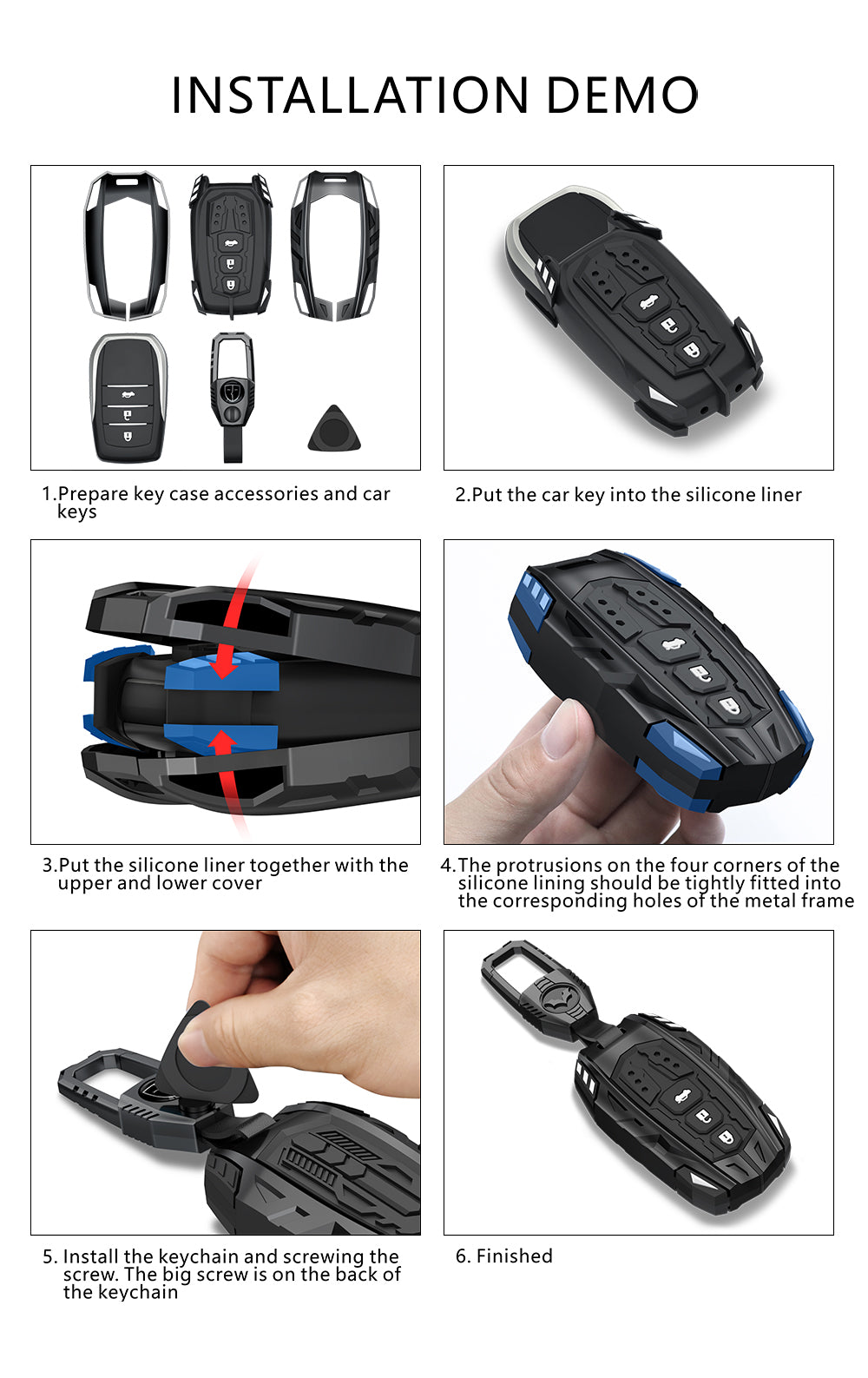 Hyundai Aura | Exter | Venue | Creta Screwless Series Metal Black Soft Sillcon Smart Car Key Cover With Key Chain ( 3 Buttons ) - Design Patent Pending - Copying Prohibited