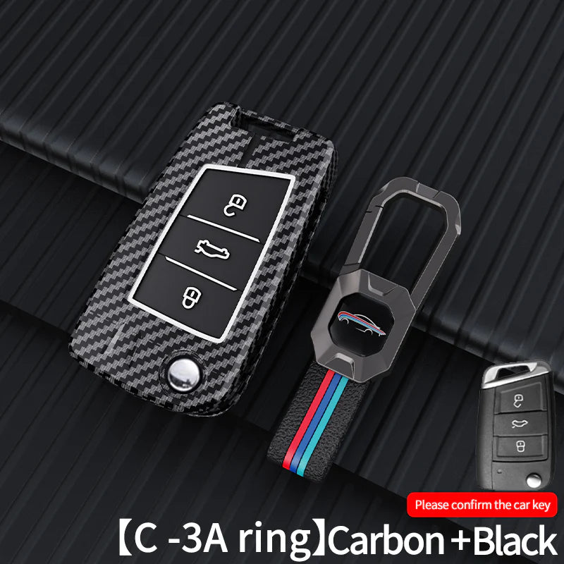 Volkswagen tiguan and virtus Premium Metal Carbon Fiber Black Soft Silicon Luxury Car Key Cover Key Case With Key Chain( 3 Button )