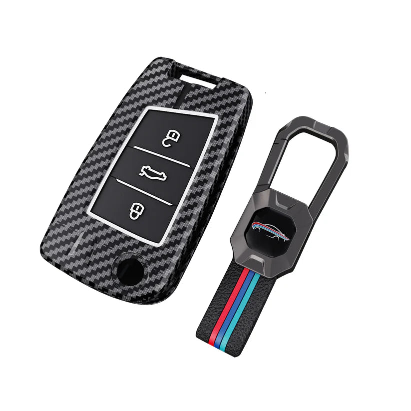 Volkswagen tiguan and virtus Premium Metal Carbon Fiber Black Soft Silicon Luxury Car Key Cover Key Case With Key Chain( 3 Button )