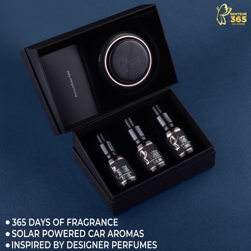 STYLENFLAUNT Senteur 365 - Round Luxury Car Fragrance | Premium Solar Powered Car Perfume with 1 Year Fragrance, Long Lasting Luxury Car Air Freshener for Car dashboard | Premium Gift Item for personal and Corporate gifting