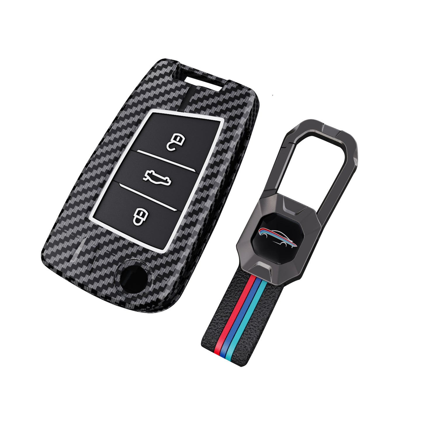 Skoda Kushaq , Slavia Luxury Premium Metal Carbon Fiber Black Soft Silicon Luxury Car Key Cover Key Case With Key Chain( 3 Button )