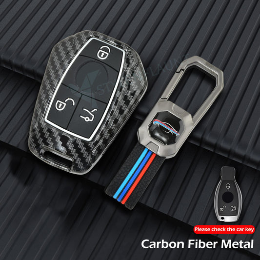 Mercedes CLA 200 Luxury Premium Metal Carbon Fiber Black Soft Silicon Metal Smart Car Key Cover Key Case With Key Chain( 3 buttons )