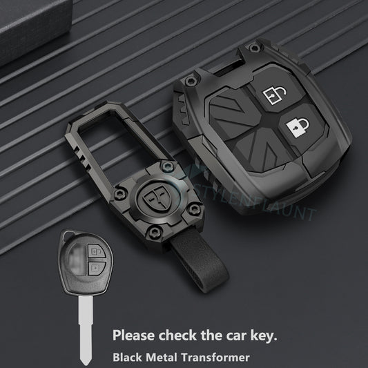Suzuki Swift | Dzire | WagonR | Brezza | Grand Vitara | Fronx | Jimny | XL6 | Ignis | Ertiga | Baleno | Vitara Brezza | Celerio | Alto | Ciaz | S-Cross Luxury Premium Transformer Series Metal Key Cover With Key Chain ( 2 buttons )