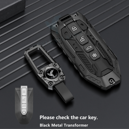 Mahindra XEV 9e | BE 6 | 7XO Luxury Premium Transformer Series Metal Black Soft Silicone Smart Car Key Cover with Key Chain – 4 Button