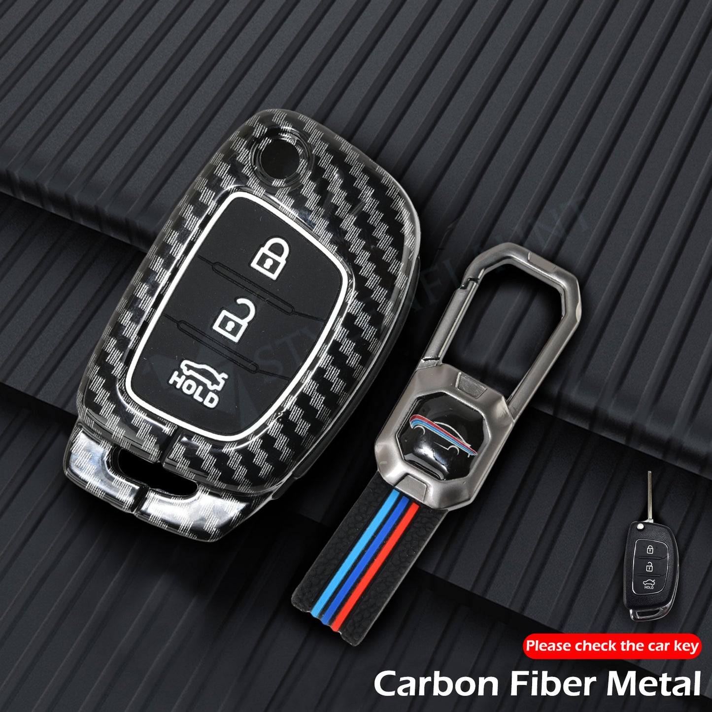 HYUNDAI Exter | Aura | I10 Nios | I20 | Venue | Creta FLIPKEY Luxury Premium Carbon Fiber Black Soft Silicon Car Key Cover Key Case With Key Chain ( 3 buttons ) Flipkey