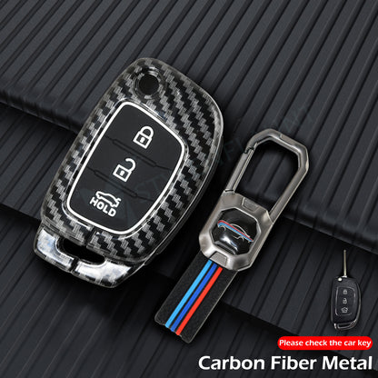 HYUNDAI Exter | Aura | I10 Nios | I20 | Venue | Creta FLIPKEY Luxury Premium Carbon Fiber Black Soft Silicon Car Key Cover Key Case With Key Chain ( 3 buttons ) Flipkey