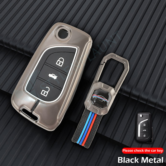 TOYOYA FLIPKEY Fortuner | Tundra | Highlander | Corolla | CHR | Camry | Rav4 |  Innova Crysta Luxury Premium Metal Smart Car Key fob Cover Key Case With Key Chain ( 3 buttons ) Flipkey
