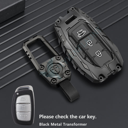 Hyundai Aura |Exter | i20 | Venue | Creta Luxury Premium Transformer Series Metal Black Soft Sillcon Smart Car Key Cover Key Case With Key Chain ( 3 buttons )