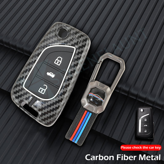 TOYOTA FLIPKEY Fortuner, Tundra, Highlander, Corolla, CHR, Camry, Rav4, Innova Crysta Luxury Premium Carbon Fiber Black Soft Silicon Car Key fob Cover Key Case With Key Chain  ( 3 buttons ) Flipkey