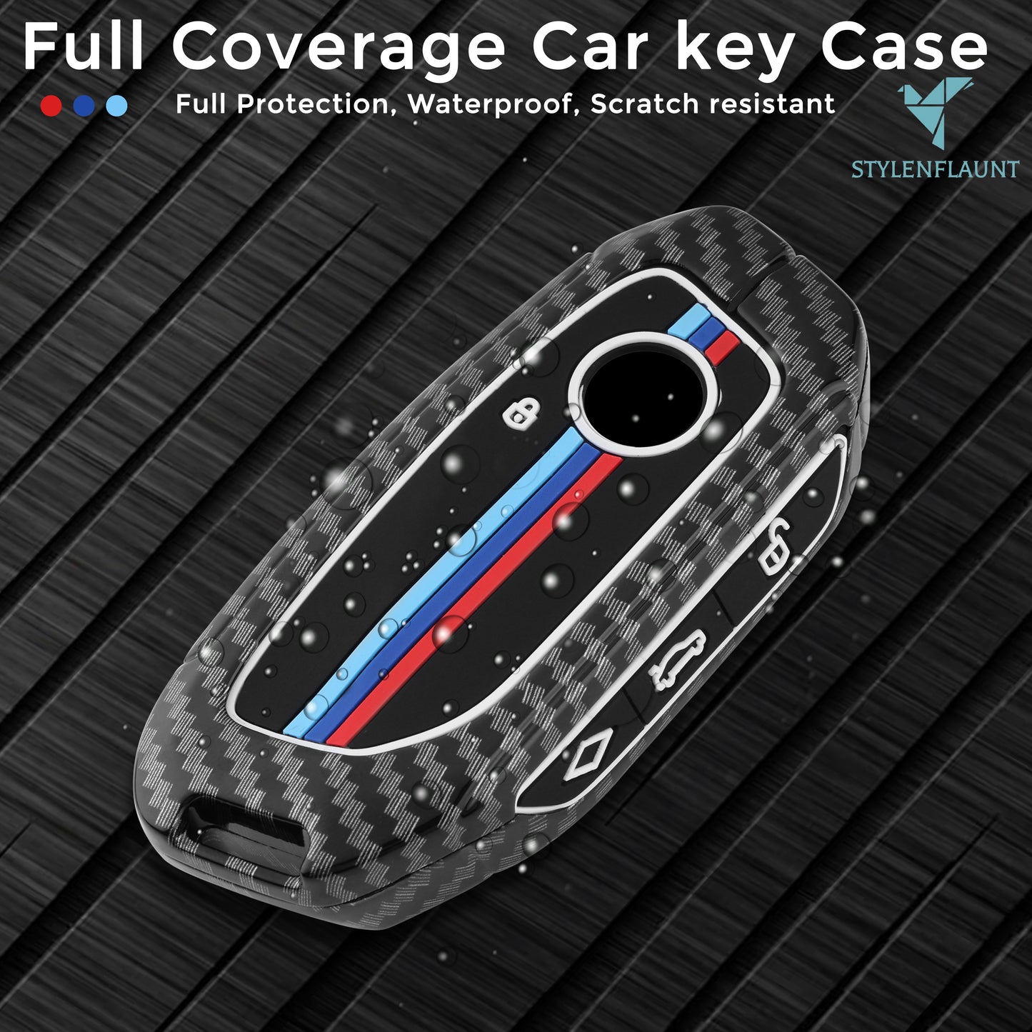 BMW X5 2023 | X7 2023 Luxury Premium Metal Carbon Fiber Black Soft Sillcon Smart Car Key Cover Key Case With Key Chain( 3 button )