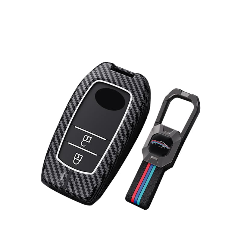 Toyota Hycross | Innova Luxury Premium Metal Carbon Fiber Black Soft Silicon Smart Car Key Cover Key Case With Key Chain(2 buttons)