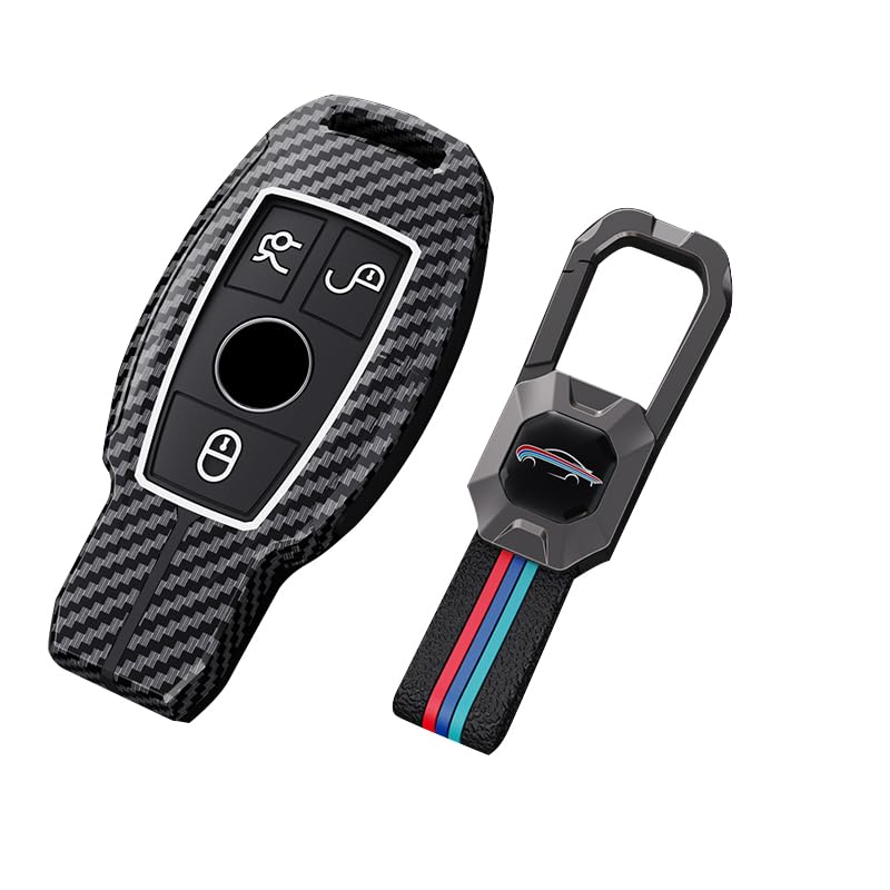 Mercedes CLA 200 Luxury Premium Metal Carbon Fiber Black Soft Silicon Metal Smart Car Key Cover Key Case With Key Chain( 3 buttons )