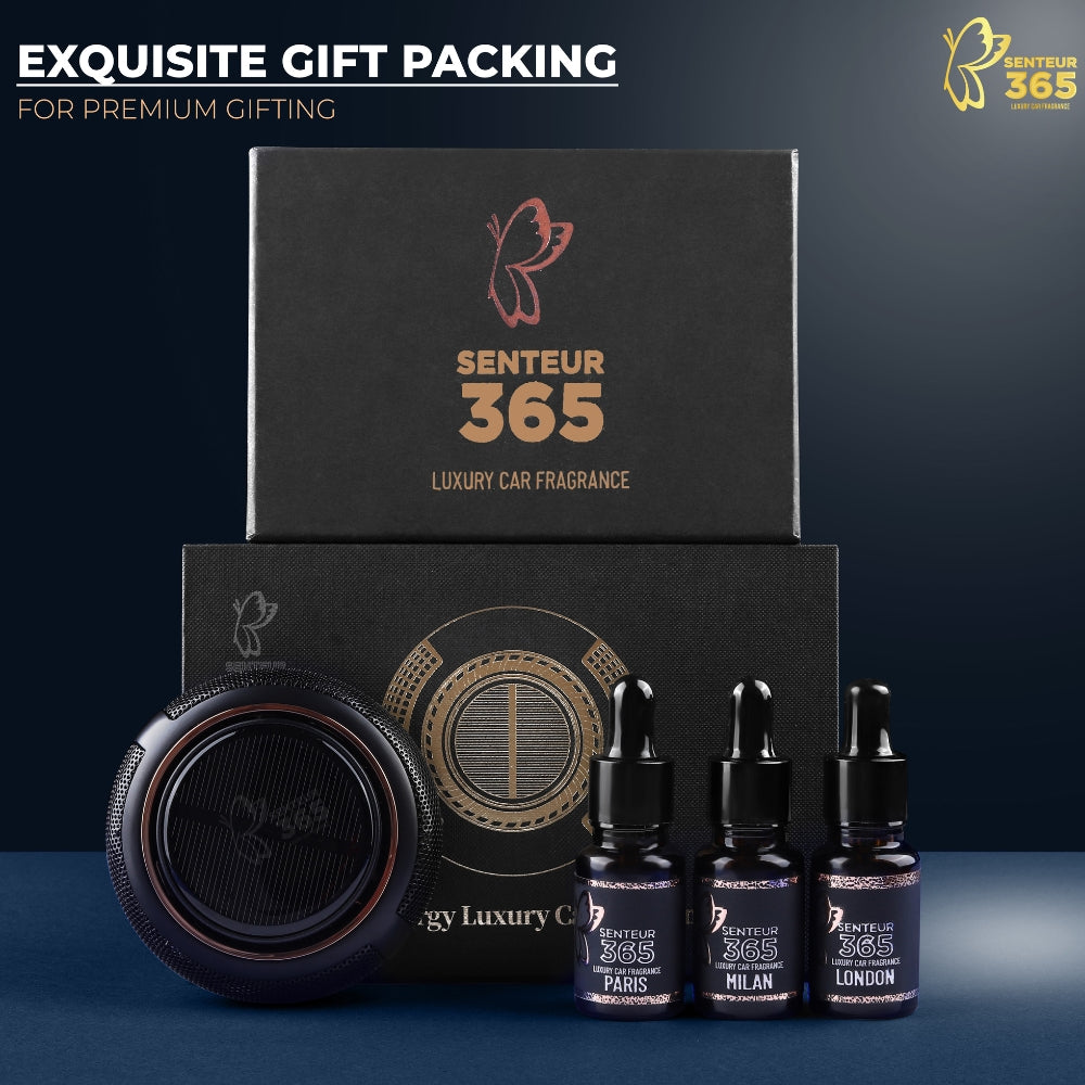 STYLENFLAUNT Senteur 365 - Round Luxury Car Fragrance | Premium Solar Powered Car Perfume with 1 Year Fragrance, Long Lasting Luxury Car Air Freshener for Car dashboard | Premium Gift Item for personal and Corporate gifting