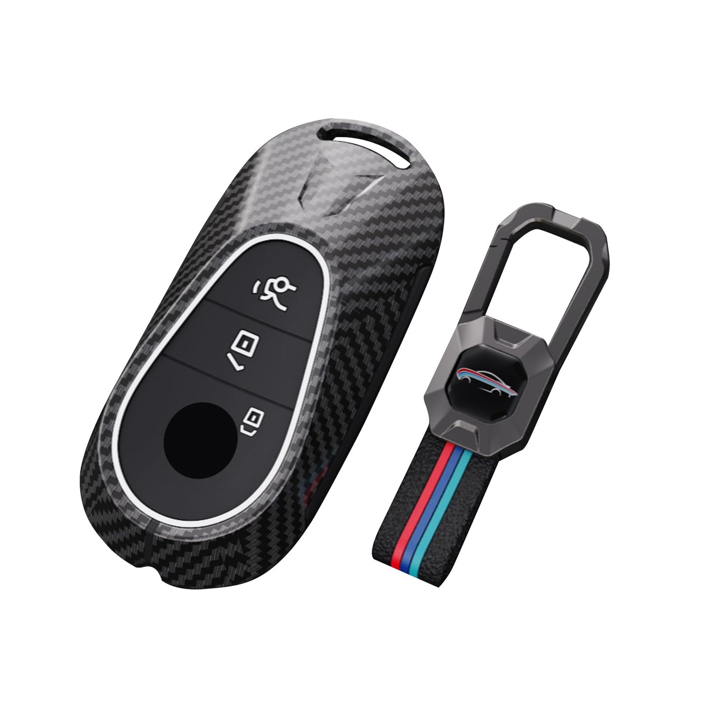 Mercedes GLC 300 Luxury Premium Metal Carbon Fiber Black Soft Silicon Smart Car Key Cover Key Case With Key Chain( 3 buttons )