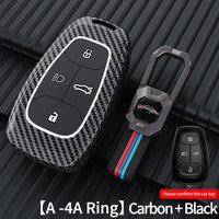 Tata Punch |  Nexon | Harrier |  Safari | Altroz | Tigor Luxury Premium Metal Carbon Fiber Black Soft Silicon Smart Car Key Cover Key Case With Key Chain (4 Button)