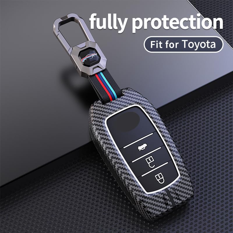 Toyota|Fortuner|Hycross Innova Luxury Premium Metal Carbon Fiber Black Soft Silicon Car Key Key Case With Key Chain(3 Button)