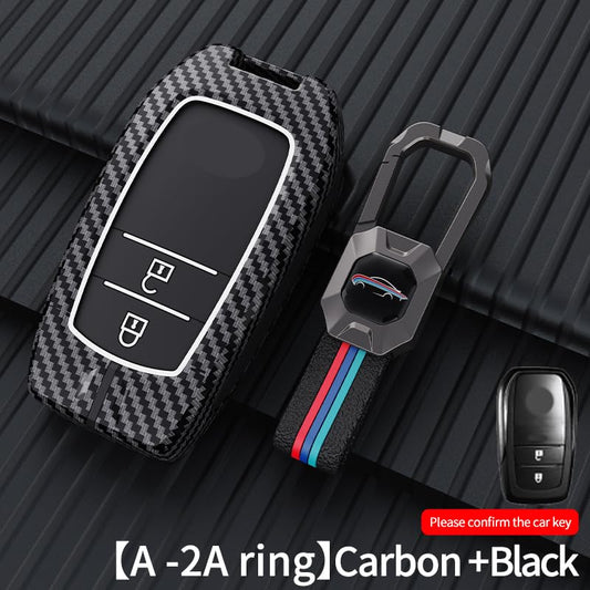 Toyota Hycross | Innova Luxury Premium Metal Carbon Fiber Black Soft Silicon Smart Car Key Cover Key Case With Key Chain(2 buttons)