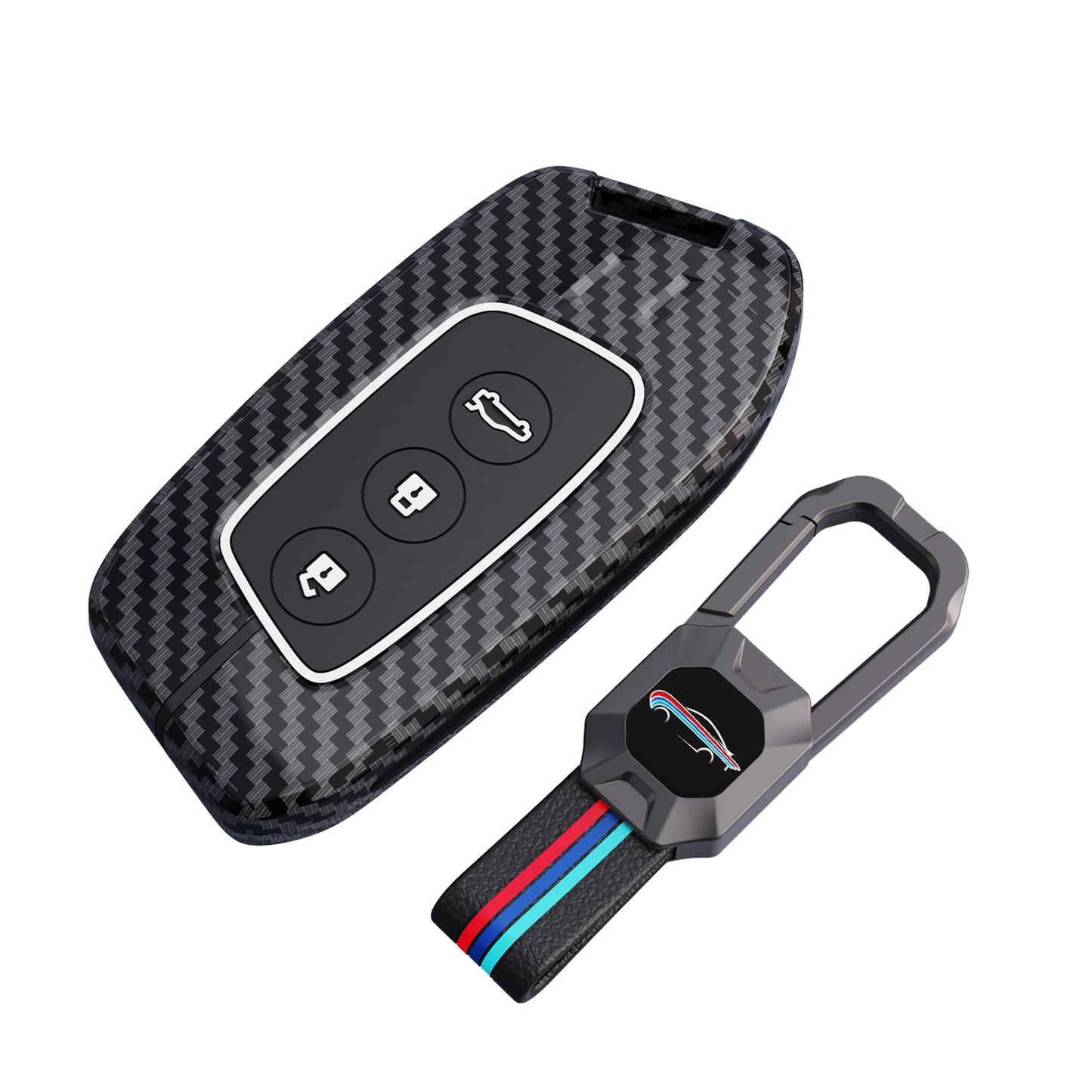 MG Hector 2023 | Windsor EV Luxury Premium Metal Carbon Fiber Black Soft Silicon Smart Car Key Cover Key Case With Key Chain ( 3 Button )