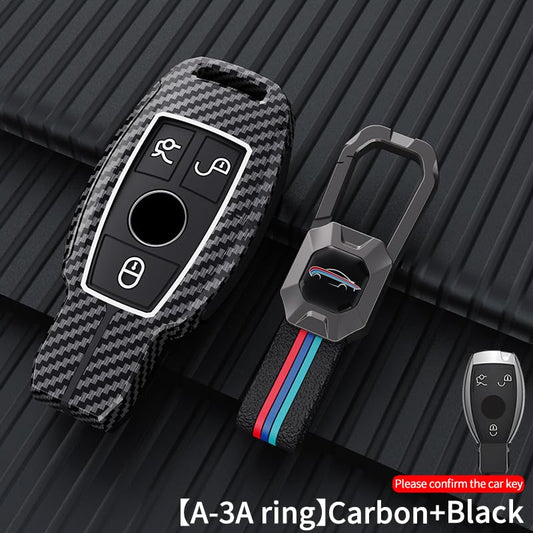 Mercedes CLA 200 Luxury Premium Metal Carbon Fiber Black Soft Silicon Metal Smart Car Key Cover Key Case With Key Chain( 3 buttons )