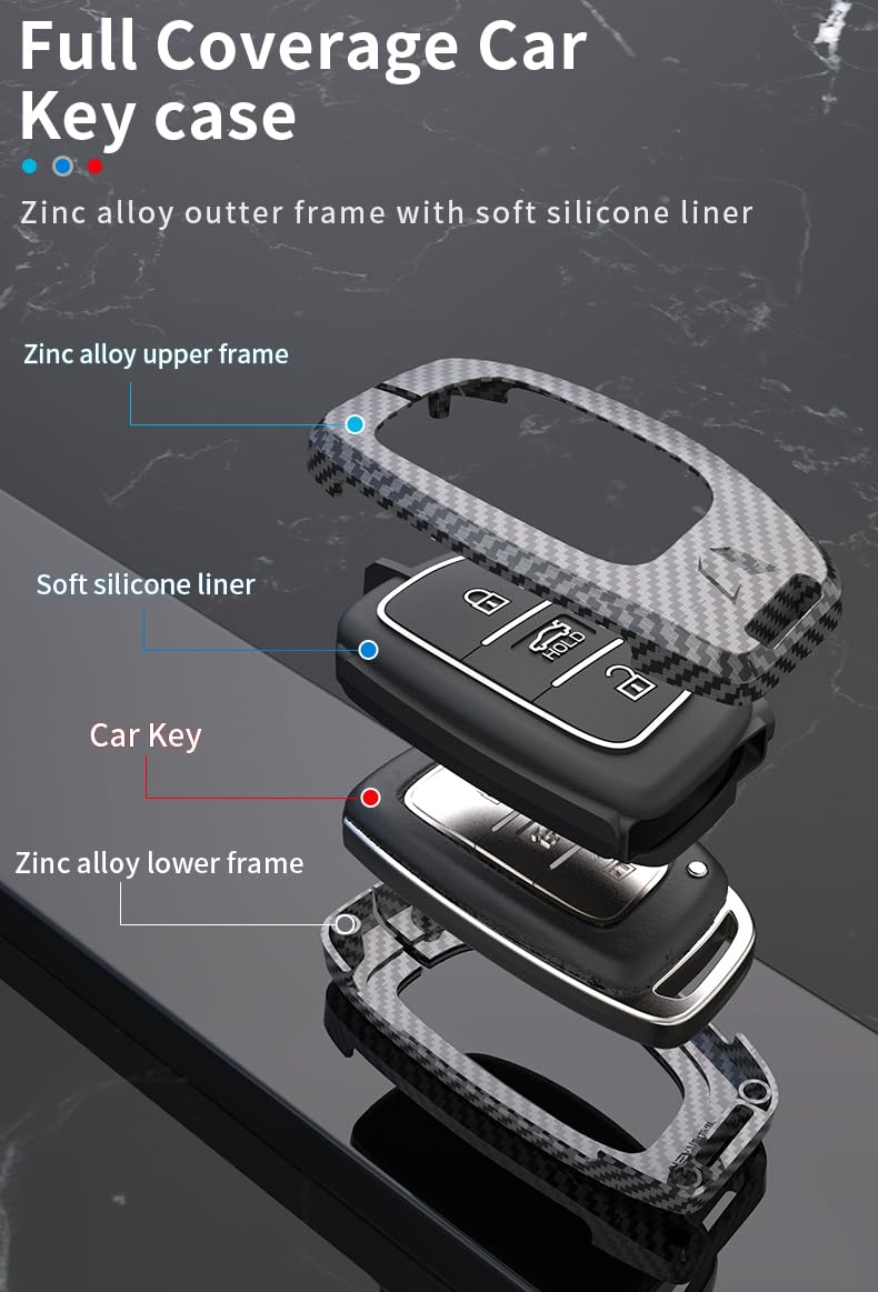 Hyundai 2020 Creta | Venue | Al Cazar Luxury Premium Metal Carbon Fiber Black Soft Silicon Smart Car Key Cover  Key Case With Key Chain-4 buttons(Compatible with Hyundai Creta 2020-2023)