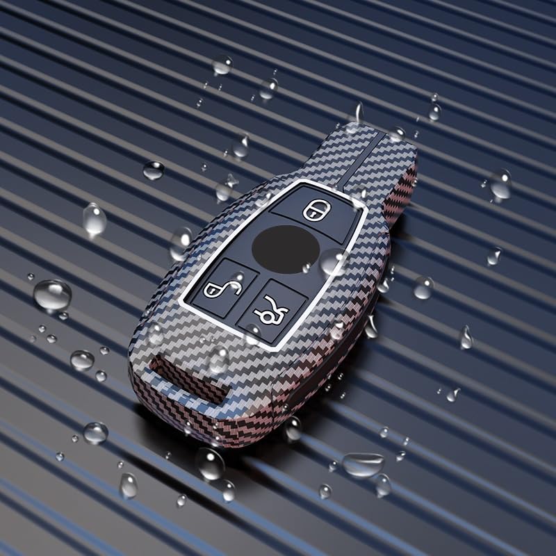 Mercedes CLA 200 Luxury Premium Metal Carbon Fiber Black Soft Silicon Metal Smart Car Key Cover Key Case With Key Chain( 3 buttons )