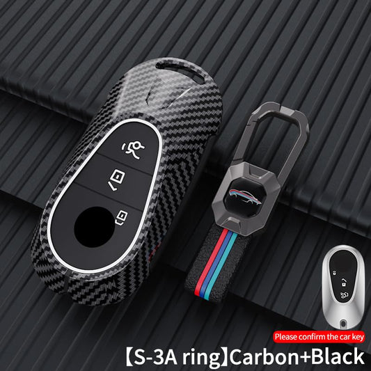 Mercedes GLC 300 Luxury Premium Metal Carbon Fiber Black Soft Silicon Smart Car Key Cover Key Case With Key Chain( 3 buttons )