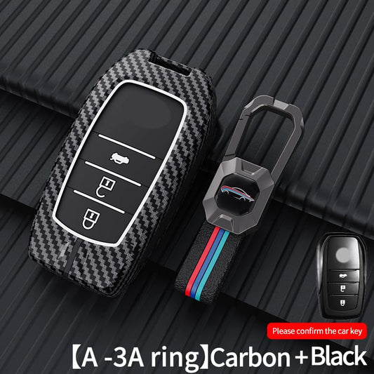 Toyota|Fortuner|Hycross Innova Luxury Premium Metal Carbon Fiber Black Soft Silicon Car Key Key Case With Key Chain(3 Button)