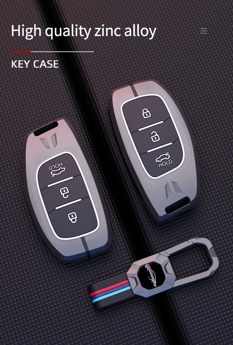 Hyundai Aura |Exter | i20 | Venue | Creta Luxury Premium Metal Smart Car Key Cover Key Case With Key Chain( 3 buttons ) Not Compatible for flip key